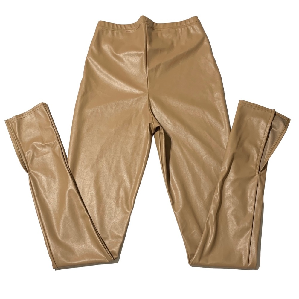 Pretty Little Thing Tan Faux Leather High Waist Pants Hemline Slits Sz 6